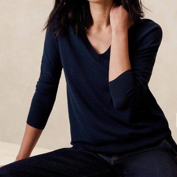 J.Jill Ribbed Border V-Neck Sweater - Picture 1 of 5